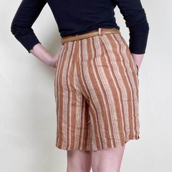 Vintage 100% Linen High Rise Waisted Shorts Long Inseam Wide Leg Relaxed Fit - Picture 3 of 8